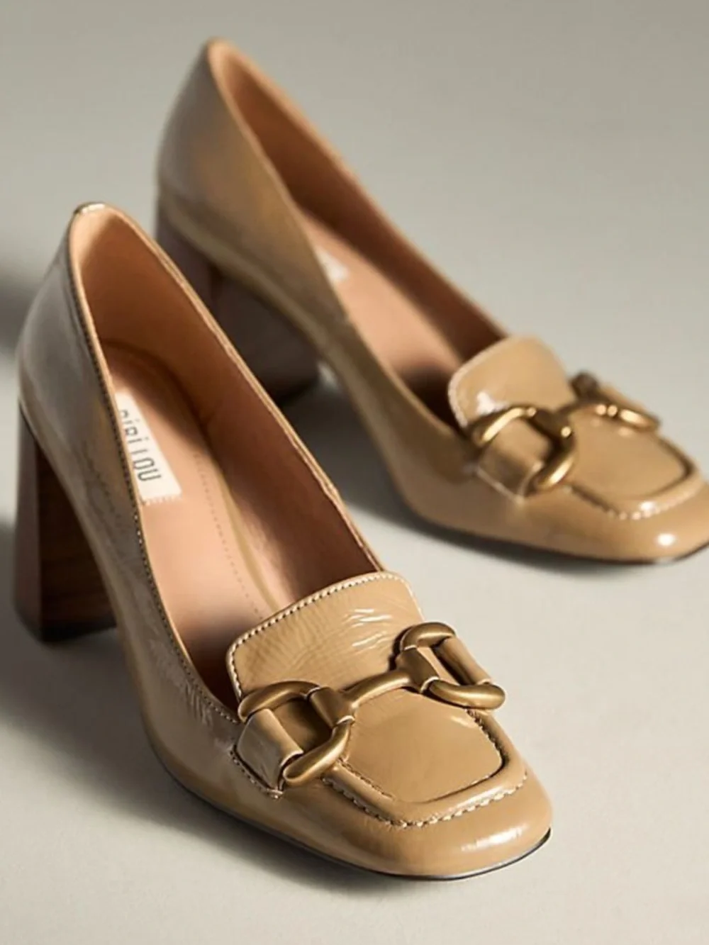 Anthro Bibi Lou Zagreb Light Brown Patent Leather Loafer w/Wood Stacked Heel 7US